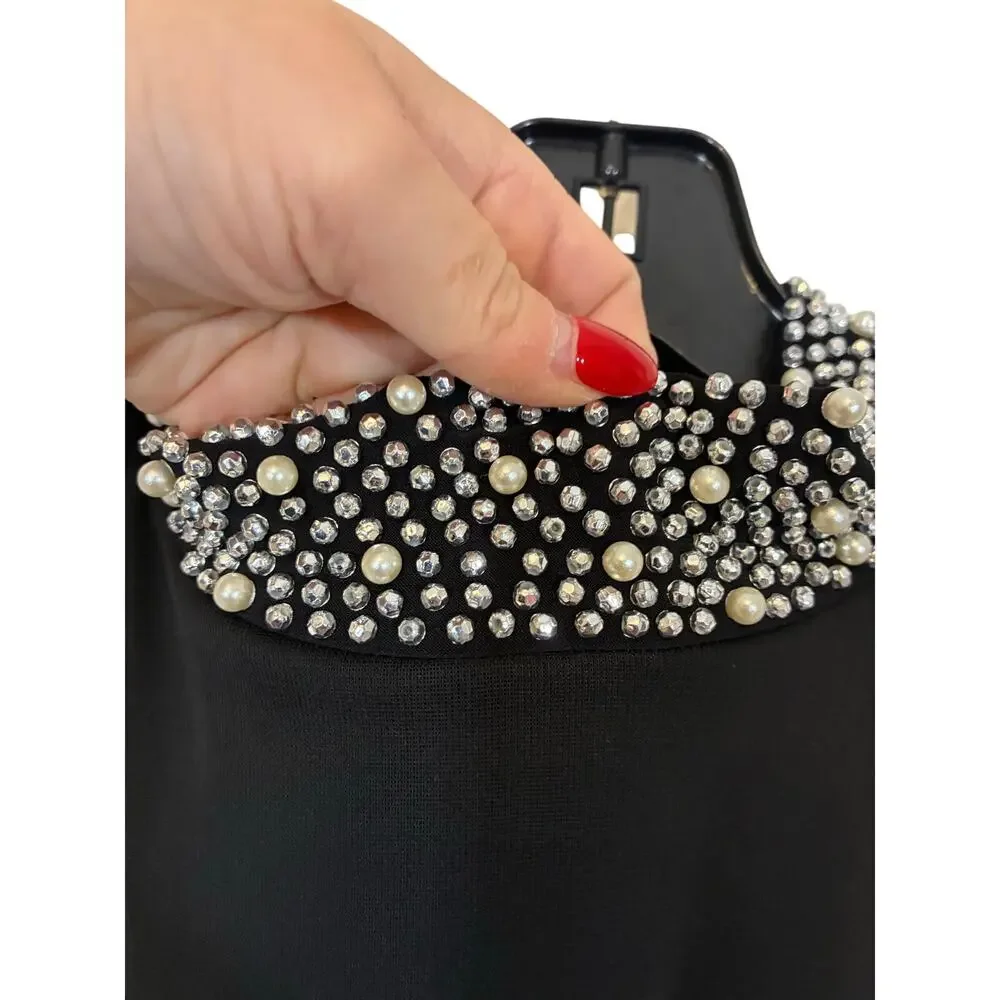 Tiana B Sleeveless Black Embellish Dress 6P Mock Neck Sleek Chic Flowy Event - Picture 3 of 7